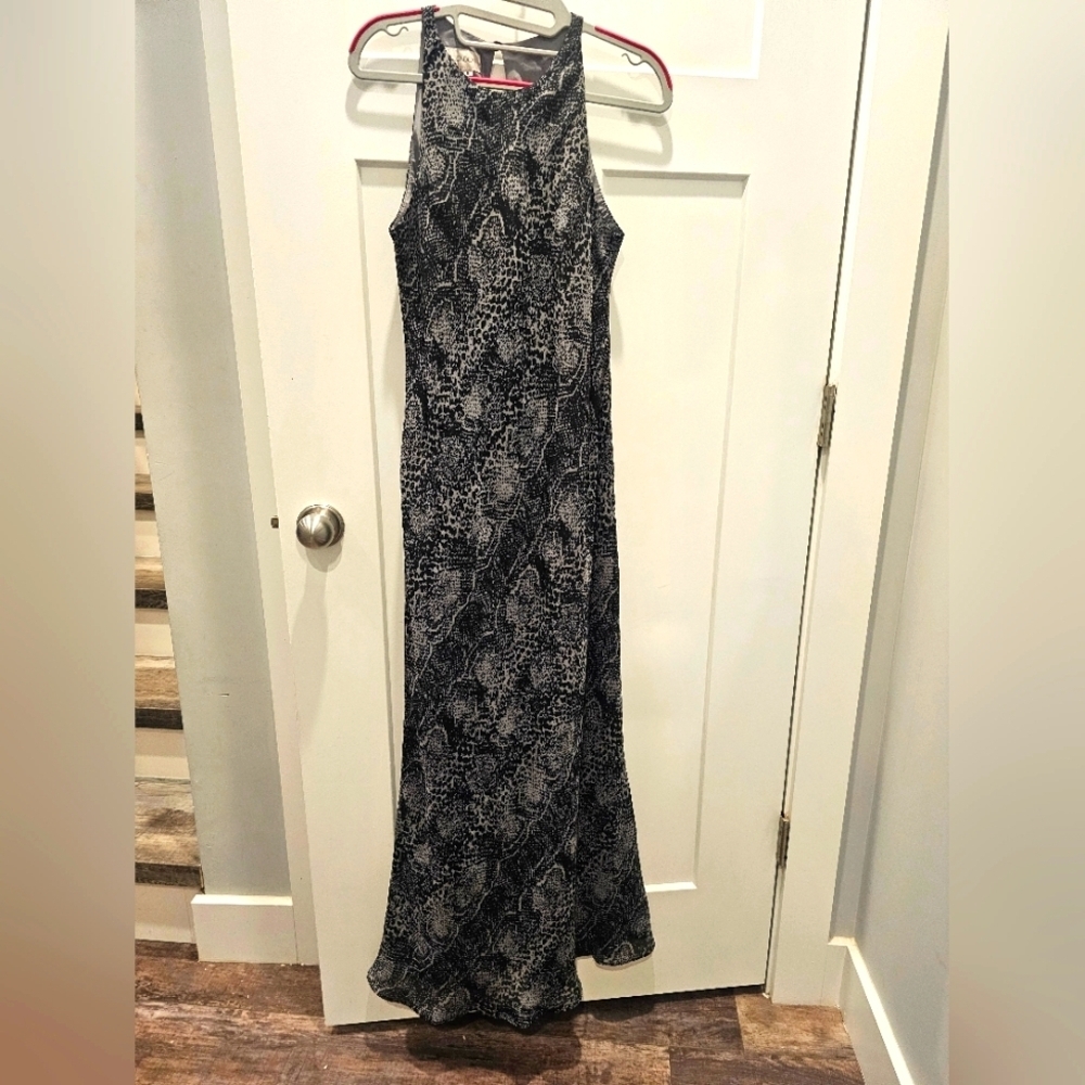 Maggy London Black Gray Animal Print Maxi Dress 6 Sleeveless A-Line Vintage Styl